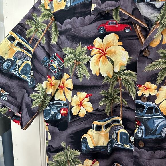 Vintage Hawaiian Shirt RJC Old Timey Cars Size Large Palm Trees Floral Button Up - Picture 7 of 9